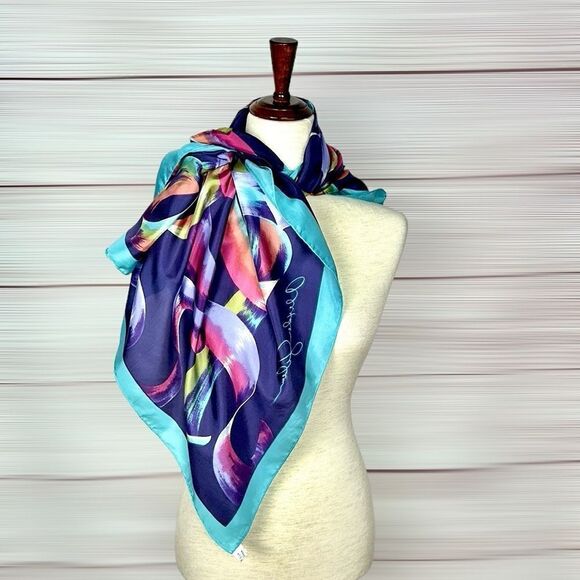 Alexander Julian Silk Scarf Scrolling Ribbons Plum Turquoise Hand Rolled - Picture 4 of 9